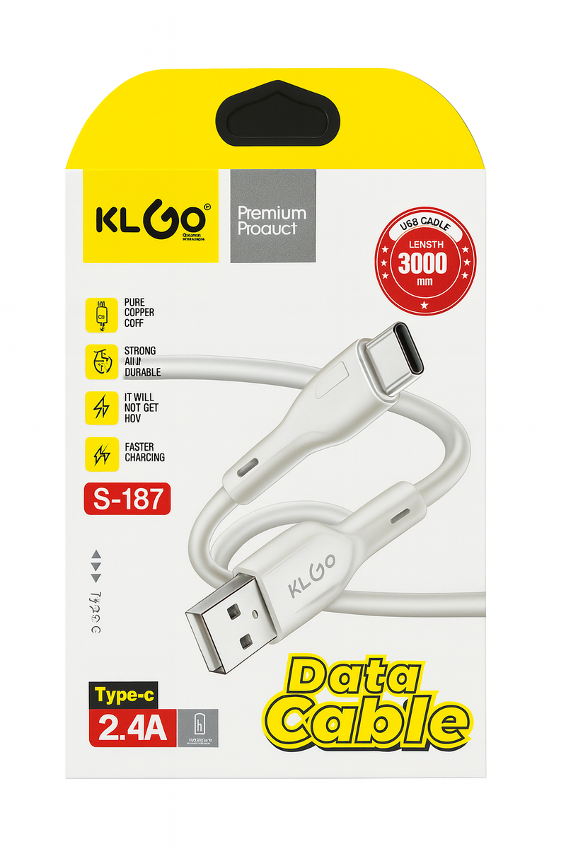 KLGO White Data Cable 2.4a Type C 3m Length