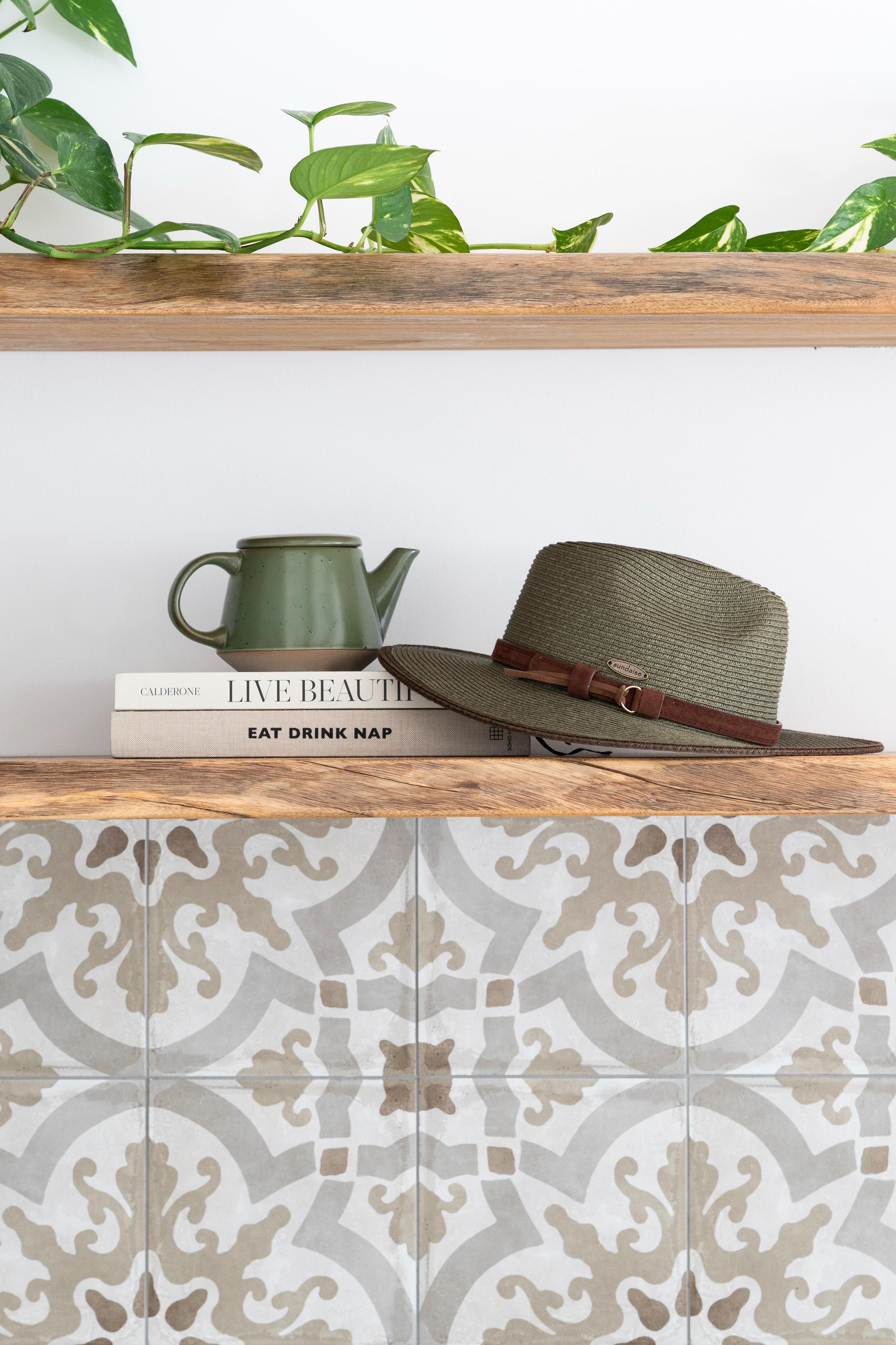 Sundaise Frankie Panama Fedora Olive With Suede