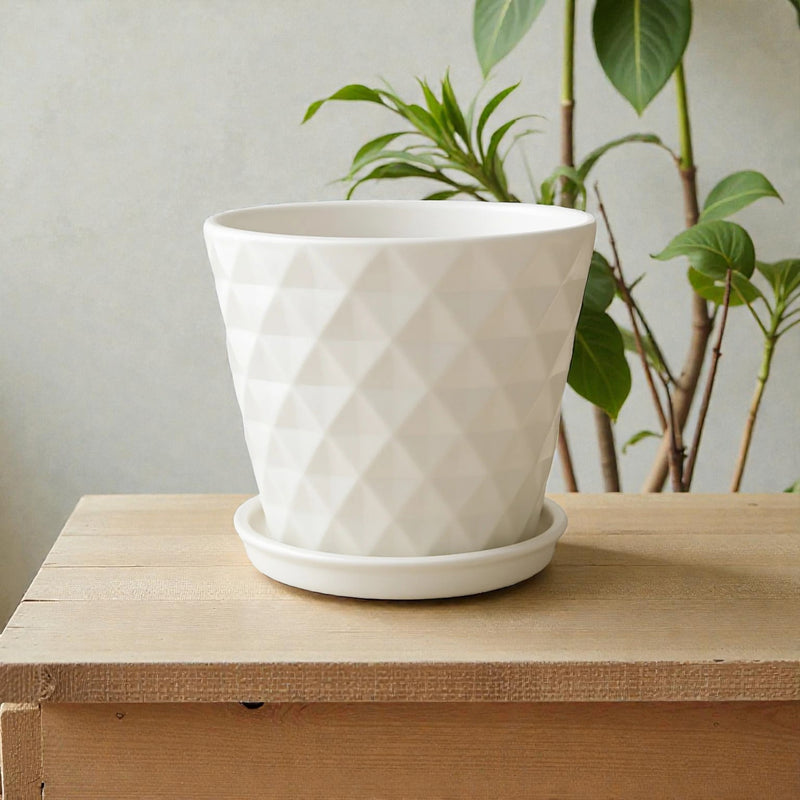 Frankly Cotton White Geometric Ceramic Plant Pot with Saucer 16cm