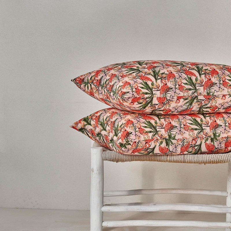 Pure Linen Printed Pillowcase - Pink Flamingo