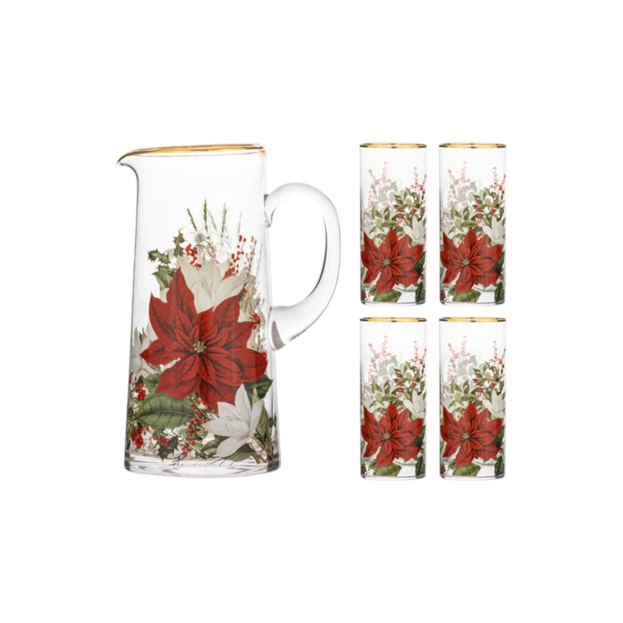 Poinsettia Glass Jug & 4 Tumblers Set