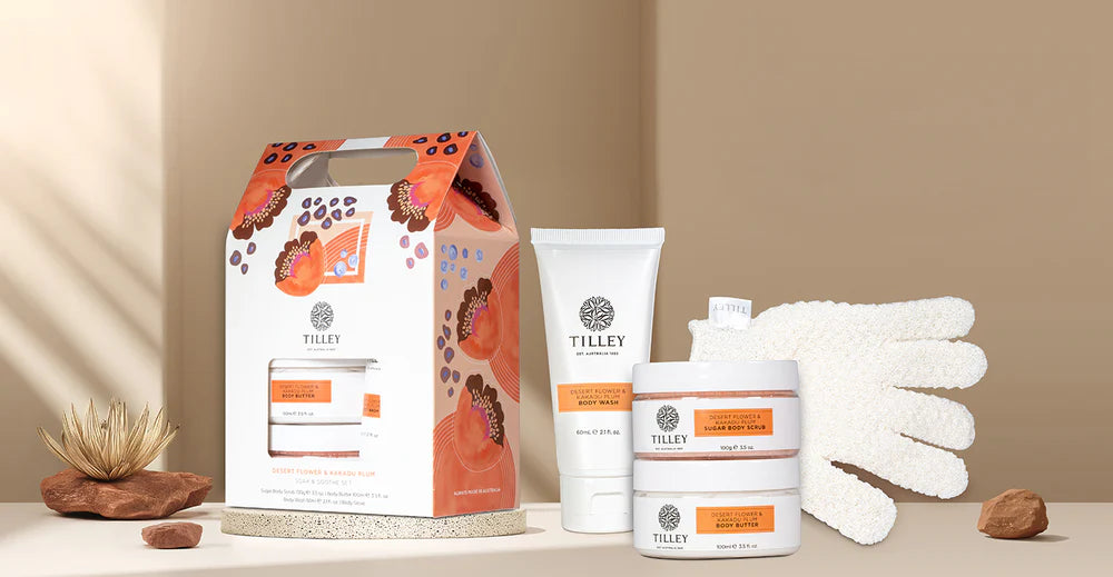 Desert Flower + Kakadu Plum Soak & Sooth- 60mL Body Wash, 100g Sugar Scrub, 100mL Body Butter, + Body Glove